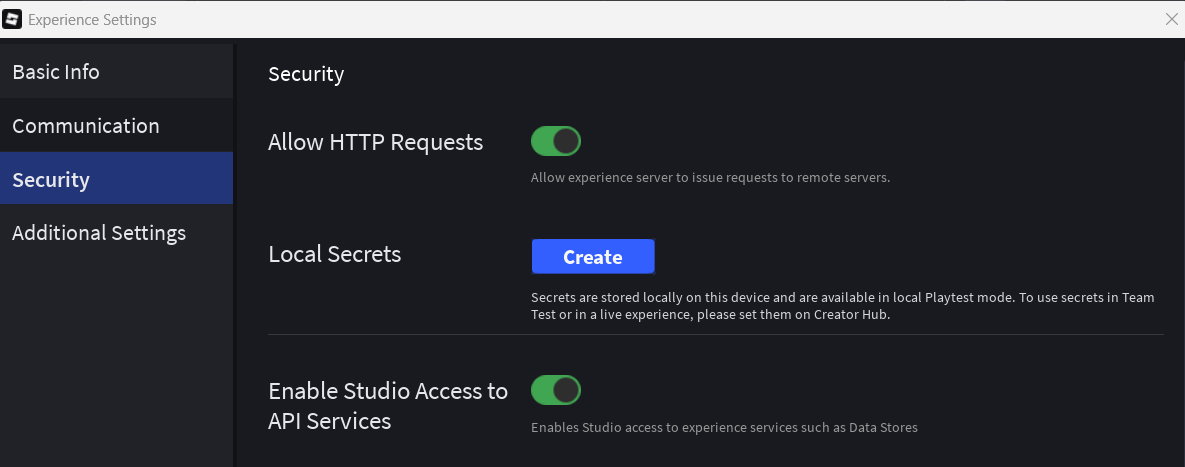 Roblox Studio Experience Settings Security tab with Allow HTTP Requests enabled