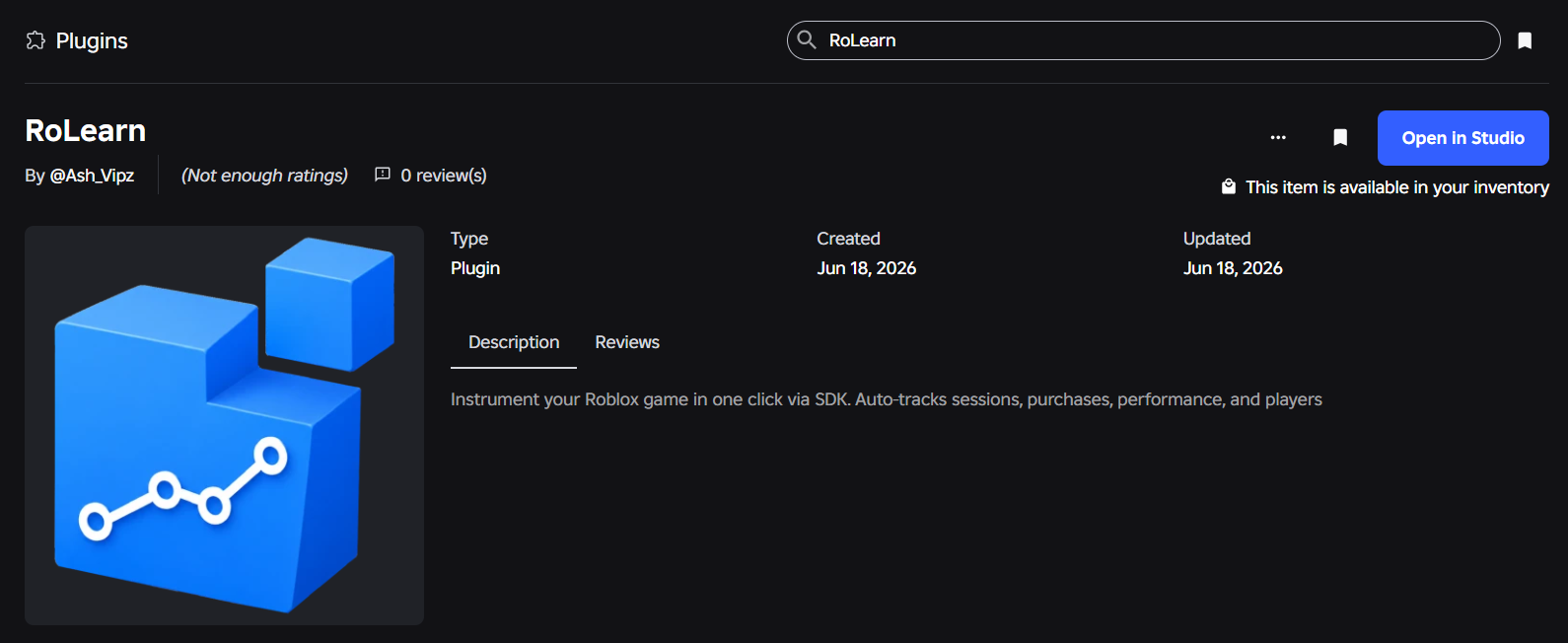 RoLearn plugin page on the Roblox Creator Store with an Open in Studio button